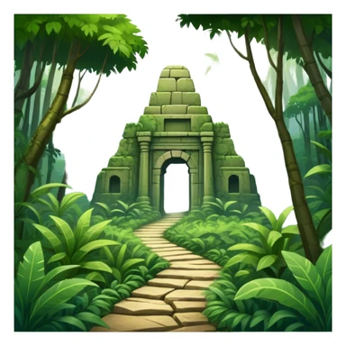 Icon for Adventure Movie: A vintage movie poster-style design with a jungle clearing path, dense foliage surrounding it. In the distance, ancient ruins peek through the trees. The atmosphere is mysterious and adventurous, with soft light cutting through the trees. Transparent background. sticker