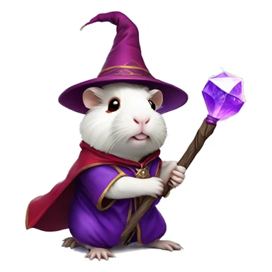 white guinea pig with red eyes wearing purple wizard clothes and holding a magical staff with a magical purpl crystal inside sticker