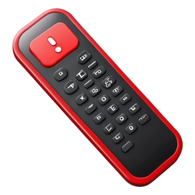 One big black tv remote control with red border, frontal face in  2 dimensions. The remote control have to have 4 buttons in black and one big one in red and the play sign. Use sticker model sticker