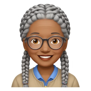 Older woman of color with gray braids, glasses and smiling sticker
