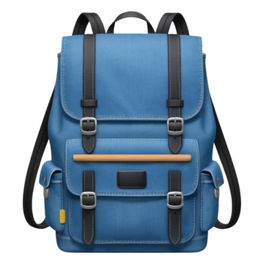 a blue denim backpack with a flap top, two vertical *black buckle straps* on the front. The backpack has two side pockets and a soft square shape. 

 sticker