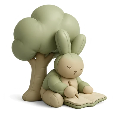 rabbit writing in a journal under a tree, pastel green and beige, cushion style sticker