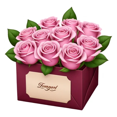 Light pink roses in a burgundy package sticker