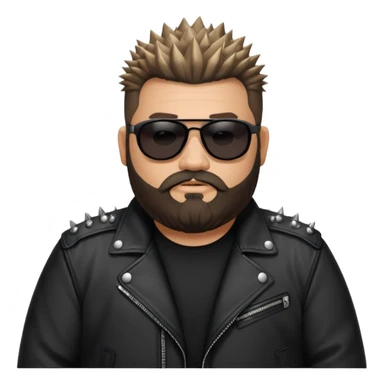 biker gang with black sunglass and rugged and fat guy bearded spicks hair black jacket sticker
