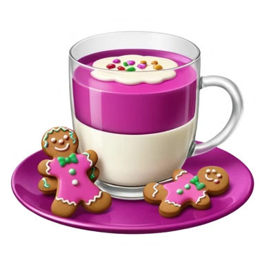 A glass of milk sits on a magenta saucer with gingerbread cookies. sticker
