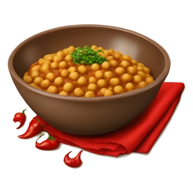 large brown bowl with chickpea chole bhature and red pepper sticker
