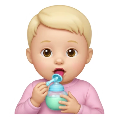 Apple-style 3D emoji of a cute baby sucking on a pacifier or drinking from a baby bottle, round face, soft pastel colors, cheerful and gentle expression, clean white background sticker