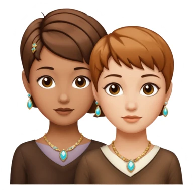 Fair skin and caramel colored besties with brown hair pixie cuts wearing jewelry  both brown hair  sticker
