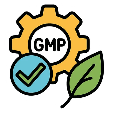 Good Manufacturing Practices icon for supplements, with a gear, checkmark, and leaf, symbolizing quality and safety, simple and bold sticker