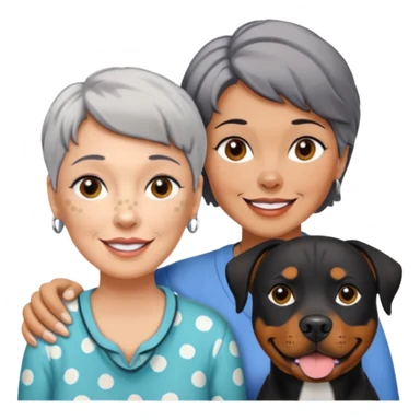 Pit bull Rottweiler mix with white muzzle and spots on muzzle next to older woman with really short grey hair sticker