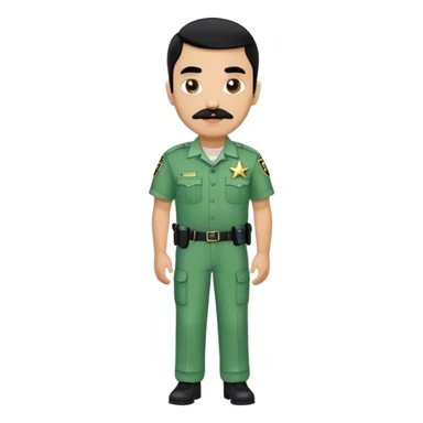 Chill guy in correctional officer green uniform. Full body. Black hair black mustache.  Light brown kin tone. Star badge  sticker