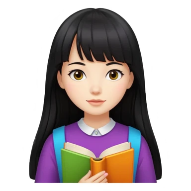 lecture girl with straight bangs fringe long black color hair with color book sticker