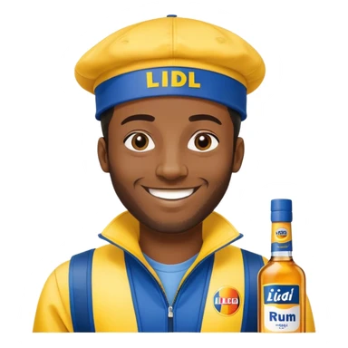 Black man smile. He has yellow and bleue cloth on him, with Lidl sloggan. He has a cap on his head, Lidl too. And he show us a bottle af rhum. sticker