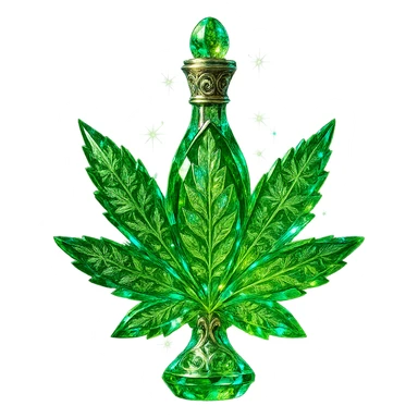 luxurious crystal elixir bottle in the shape of a cannabis leaf or with cannabis motifs, vibrant green color, ornate silver and iridescent details, maximum magical glowing and sparkling effects, very small neck, seamless bottom, transparent background, bottle clearly floating in air, no base or shadow, modern, collection style sticker