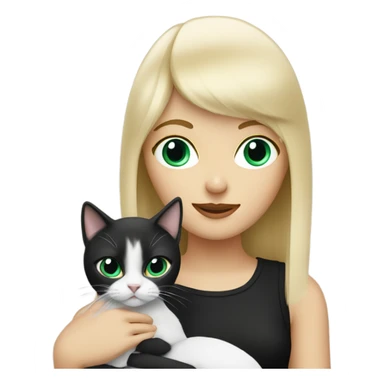 Blond lady with fringe holding a black and white cat sticker