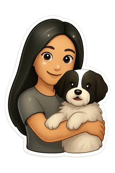 Replace the cat with the black and white dog from the first image, keeping the same cartoon emoji style and pose. The woman should still be holding the pet in her arms, but now it is the dog instead of the cat. sticker