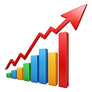 iOS-style 3D emoji: rising red chart with an upward-pointing arrow sticker