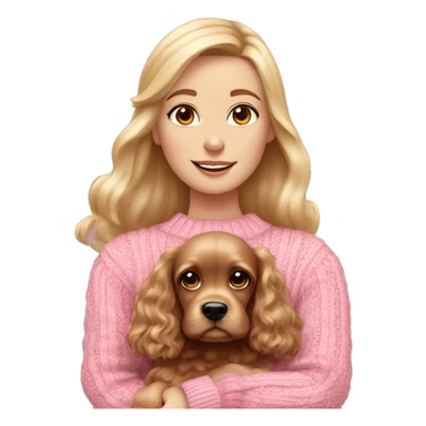 A beautiful blonde girl with brown eyes wearing a pink cable knit jumper and pink bow in her hair. She’s holding a brown cocker spaniel in her arms. sticker