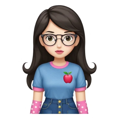 Light skin but a little white , monolid eyes,  dark brown long (not too long but not too short) hair, a button nose, fuller lips, blush (Light) PiNk liptint not too pink, wearing  bayonetta glasses (red) a apple T-shirt, dotted socks, a denim skirt sticker