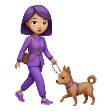 Chinese woman wearing purple outfit walking 1 small brown dog sticker