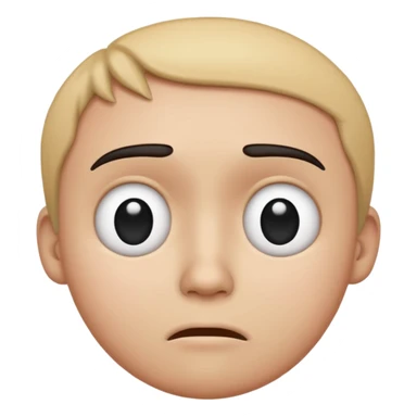 Sad, confused, emoji face not human, black eyes, write the text PION! on forehead sticker