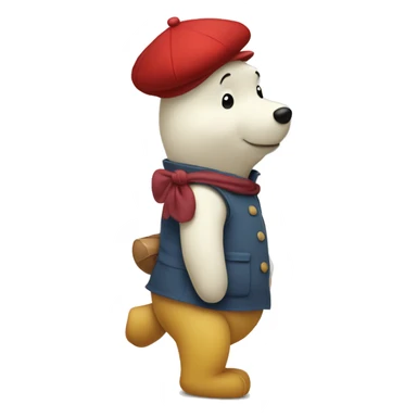 white winnie the pooh, parisien style with red beret on hair and baguette on arms sticker