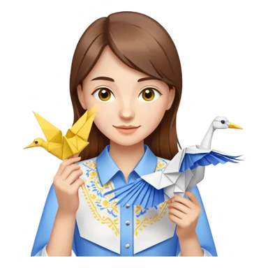 A happy Ukrainian young girl with brown hair in a white embroidered shirt makes an origami of a yellow and blue crane sticker
