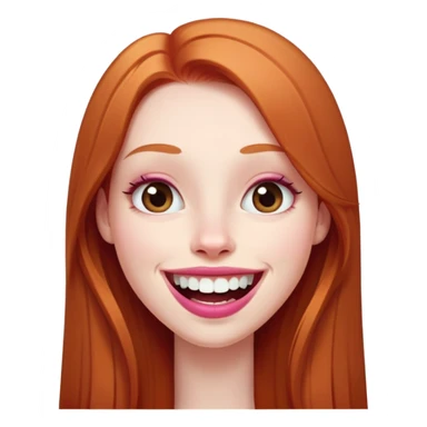 Young girl with pale skin, very long face, full pink lips smiling with big teeth, very long straight auburn hair (lighter ginger, not intense red), big brown eyes, big nose, big mouth sticker