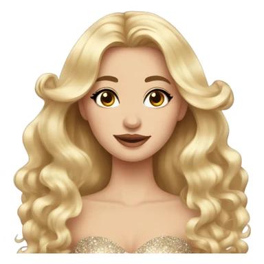 Gorgeous blonde woman, brown eyes, long wavy hair with bows, wearing a sparkly gown sticker