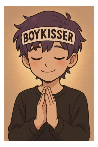 boykisser character standing, hands clasped in prayer, eyes closed, smiling sticker