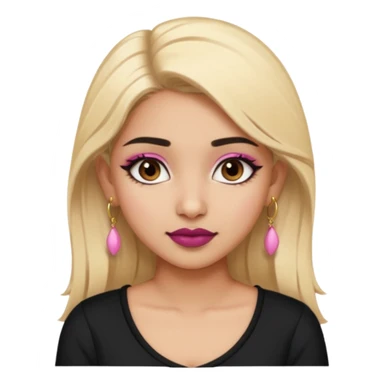 Sweet Indian girl blonde hair darkbrow eyes brown lipstick, pink blush, black top gold earrings, brown eyebrows  sticker
