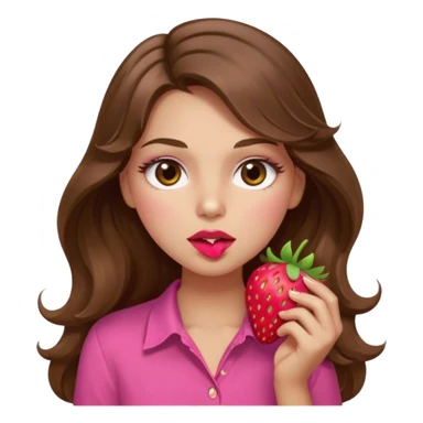 girl with long wavy brown hair, brown eyes, light to medium complexion, in a pink shirt, pink lips, long lashes, sexy , puckering, blushing, eating a strawberry sexy sticker