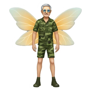 a middle aged madwith fairy wings, and swimming fippers. have him dresed in camo sticker