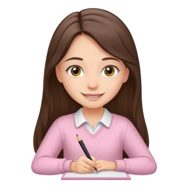 smiling long brunette hair girl hazel eyes wearing light pink clothes writing sticker