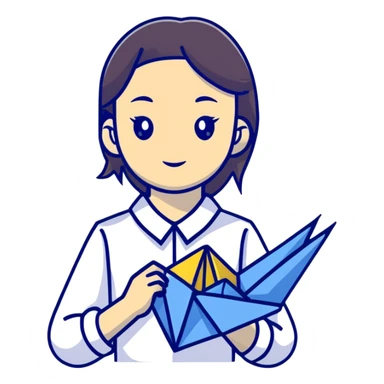 A Ukrainian young girl wearing a white embroidered shirt holds an origami yellow-blue crane sticker