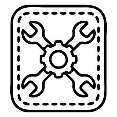 An embroidered patch with crossed wrenches and a gear design on white fabric, showcasing detailed stitching and contrasting colors.

 sticker