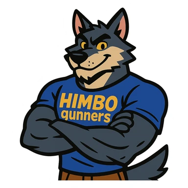muscular wolf furry, arms crossed, wearing a t-shirt with 'Himbo gunners' sticker
