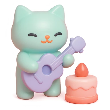cat playing guitar next to a cake, vinyl figure style sticker