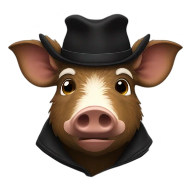 a wild tired brown boar in a black jacket and a black winter hat sticker