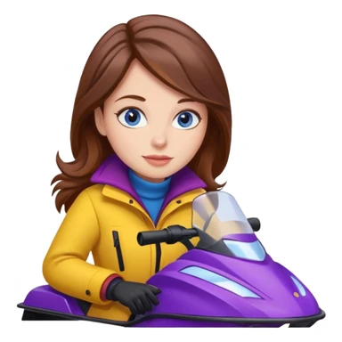 Brown hair, blue eyes, Woman wearing red coat  on purple and yellow snowmobile sticker