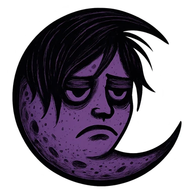 emo moon with a face, black and purple, no background sticker