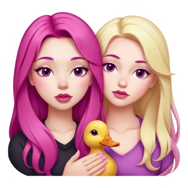 gorgeous pale girl with long magenta pink hair latina makeup next to a gorgeous girl with blonde hair eyes closed making a duck lips face and a light pink heart above them  sticker