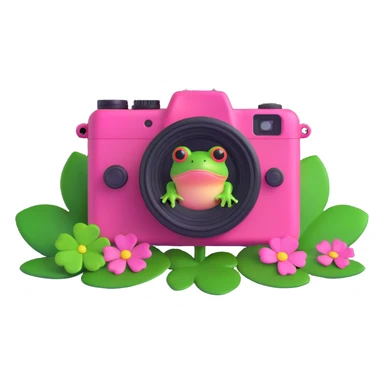 A pink camera with a frog on the screen and clovers around, 3D iOS style, vibrant pink camera with green frog and clovers, variation 1 sticker