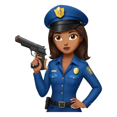 A sexy girl. with caramel skin. Dark brown hair and brown eyes. She has freckles. Wearing sexy makeup. Dressed as a sexy cop. Wearing heels. Holding a gun sticker