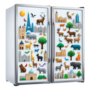 Icon for Magnet Collecting: a close-up of a fridge door covered with a variety of magnets, featuring cities, animals, symbols. The icon should highlight the diversity and charm of magnet collections. Transparent background. sticker