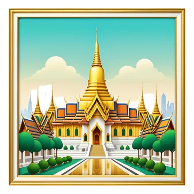 Cinematic Realistic Grand Palace Bangkok Landmark Emoji, showcasing the opulent golden spires, intricate Thai architecture, and the Emerald Buddha Temple set within a vibrant, manicured courtyard. sticker