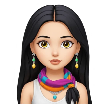 a pretty bratz girl with long black hair, kajal under eyes, small silver jhumkas. White tank top on. Colourful scarf around neck sticker