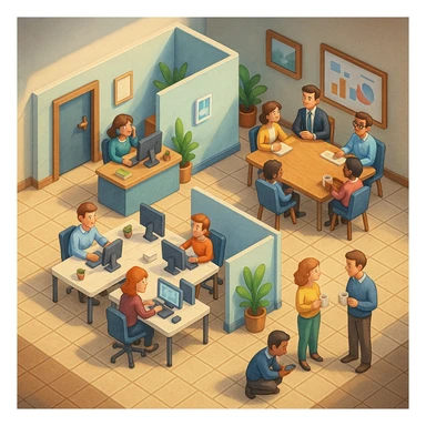 В слегка рисованном, но при этом ярком и объемном стиле - четкую, изометрическую 3D-сцену в мультяшном стиле с видом сверху под углом 45°, изображающую офис кабинетами, open space и другими характерными местами. В офисе работают люди - кто-то говорит по телефону, работает за компьютером, другие пьют кофе, сидят на общем собрании, переговори. Используйте мягкие, изысканные текстуры с реалистичными PBR-материалами и мягким, реалистичным освещением и тенями, не обрезать картинку краями кадра sticker