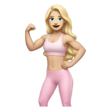 Woman, white skin, pale skin, long hair, blonde hair, blue eyes, wavy hair, baby pink sports bra, baby pink leggings, flexing one arm up sticker