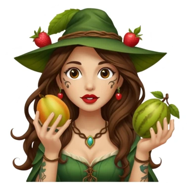forest mage woman long wavy brown hair tattoos holding fruit near lips sticker